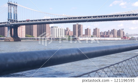 New York City Manhattan Bridge, Brooklyn waterfront, United States. Dumbo riverfront promenade. New York City Manhattan Bridge, Brooklyn waterfront, United States. Dumbo riverfront promenade. 121196595