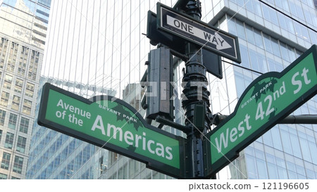 New York City crossroad, 42 street intersection road sign. 6 Sixth ave, Americas avenue. Bryant park New York City crossroad, 42 street intersection road sign. 6 Sixth ave, Americas avenue. Bryant park 121196605