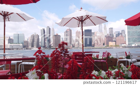 New York City waterfront skyline, Manhattan Midtown riverfront skyscrapers. Cityscape from Queens. 121196617