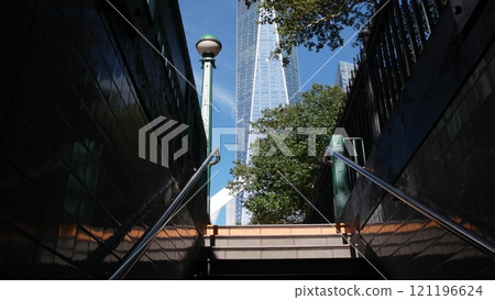 New York underground subway globe, metro orb lamp. Metropolitan entrance Manhattan financial district 121196624