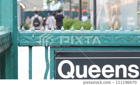 New York subway sign, Queens underground metro station. Metropolitan entrance, public transport exit New York subway sign, Queens underground metro station. Metropolitan entrance, public transport exit 121196670
