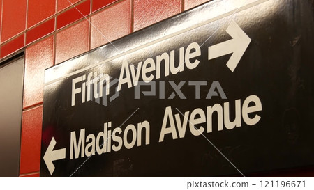 New York subway station interior, text sign. Manhattan underground metropolitan. United States metro 121196671