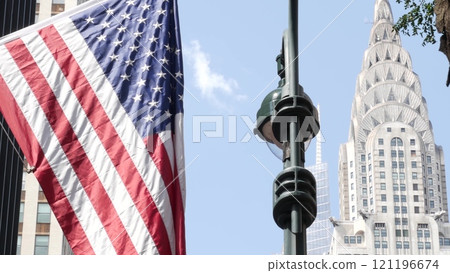 New York, american flag waving. Chrysler building. Manhattan midtown city street banner, patriotism. 121196674