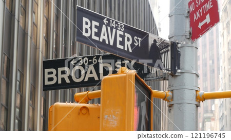 New York Manhattan Downtown Financial District, USA. American Wall street. Stock Exchange. Road sign New York Manhattan Downtown Financial District, USA. American Wall street. Stock Exchange. Road sign 121196745