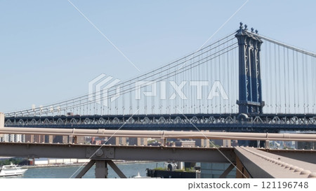 New York City Manhattan Bridge from Brooklyn Bridge. USA NYC skyline cityscape. East River water. 121196748