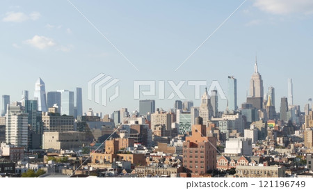 New York City Manhattan skyline cityscape. Empire State Building, Hudson Yards. Rooftops or roofs. 121196749