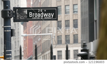 Broadway street road sign, Manhattan architecture, New York City. Traffic signage of street name. Broadway street road sign, Manhattan architecture, New York City. Traffic signage of street name. 121196803