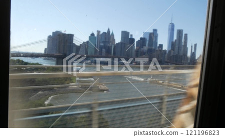New York City subway train on bridge. Manhattan metro transport, metropolitan traffic. Shaking window New York City subway train on bridge. Manhattan metro transport, metropolitan traffic. Shaking window 121196823