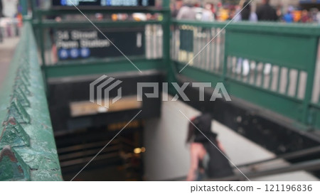 New York subway sign, underground metro station. Metropolitan entrance fence, 34 street Penn Station 121196836