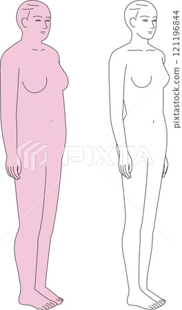 胖女人和苗條女人節食前後的全身插圖。 胖女人和苗條女人節食前後的全身插圖。 121196844