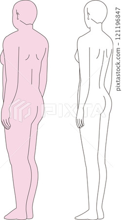 Fat woman and slim woman. Illustration of the back of the whole body from the rear diagonally behind, before and after dieting 121196847