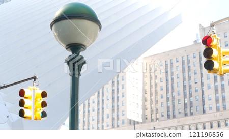 New York City subway entrance globe, orb lamp. Traffic light, Manhattan downtown, underground metro. 121196856