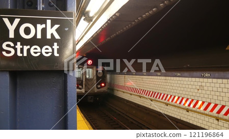 New York subway station, underground metropolitan platform sign. Metro railway passenger transport. 121196864