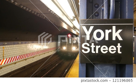 New York subway station, underground metropolitan platform sign. Metro railway passenger transport. 121196865