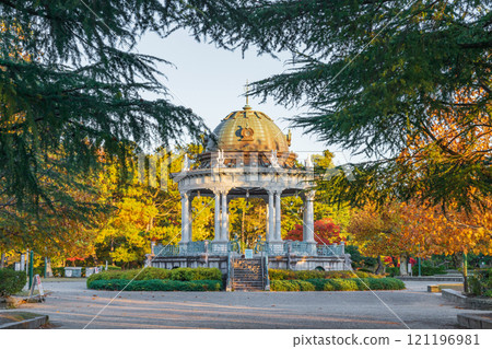 Tsuruma Park's Concert Hall and yellow-colored plane trees (Nagoya City, Aichi Prefecture) 121196981