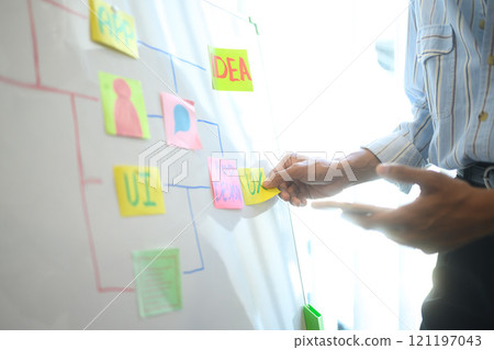 Close up of male designer adding notes to flowchart on a whiteboard Close up of male designer adding notes to flowchart on a whiteboard 121197043