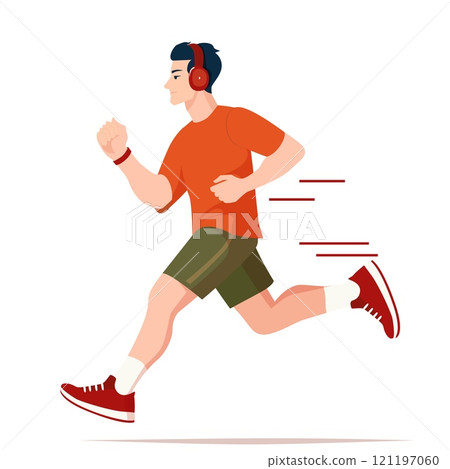 A flat vector illustration of a man jogging energetically, wearing headphones and a fitness tracker. Dressed in a sporty outfit with red sneakers and an orange shirt, this artwork captures movement 121197060