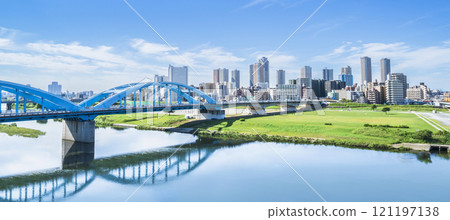 川崎的城市景觀：多摩川丸子橋和武趙小杉塔公寓大樓[神奈川縣川崎市] 121197138