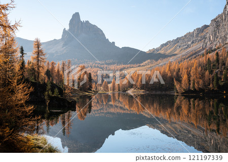 Autumn Dolomite landscape reflected in the still water of Lago Federa Autumn Dolomite landscape reflected in the still water of Lago Federa 121197339