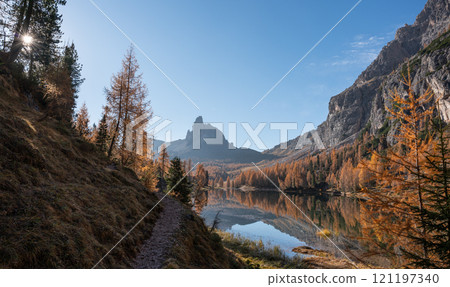 Lakeside trail by Lago Federa in an autumn Dolomite Landscape 121197340