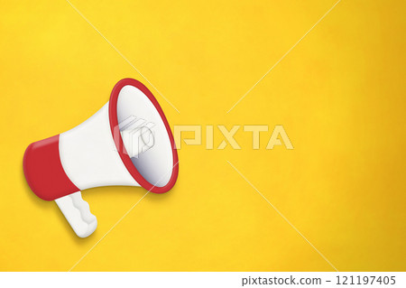 Orange background with a white megaphone with a red collar placed to the left 121197405