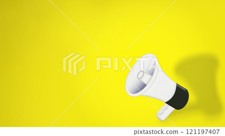 Yellow background with a white megaphone on the right and a shadow Yellow background with a white megaphone on the right and a shadow 121197407
