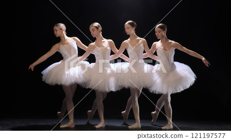 Four elegant and graceful girls, ballet dancer and classical tutus making artistic performance on dark lit stage against black background Four elegant and graceful girls, ballet dancer and classical tutus making artistic performance on dark lit stage against black background 121197577