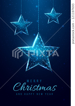 Wireframe stars, low poly style. Banner for the concept of Christmas or New Year. Abstract modern 3d vector illustration on blue background. 121197693