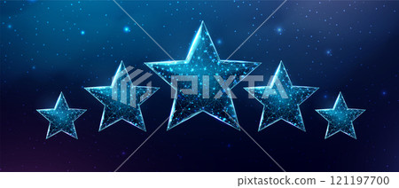 Wireframe five stars, low poly style. Success, winner, rating concept. Abstract modern 3d vector illustration on dark blue background. Wireframe five stars, low poly style. Success, winner, rating concept. Abstract modern 3d vector illustration on dark blue background. 121197700