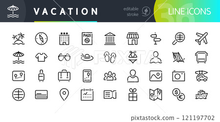 Vacation Line Icons Set with Editable Stroke Vacation Line Icons Set with Editable Stroke 121197702