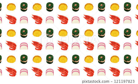 Wallpaper of shrimp, konbumaki, kamaboko and datemaki - watercolor-style hand-drawn illustration 121197823