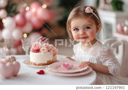 Cute little girl sits at a festive table with a cake in soft pastel colors Cute little girl sits at a festive table with a cake in soft pastel colors 121197901