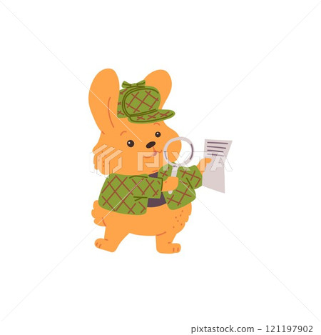 Detective hare animal with magnifying glass and search the document, vector cartoon bunny spy agent rabbit investigating 121197902