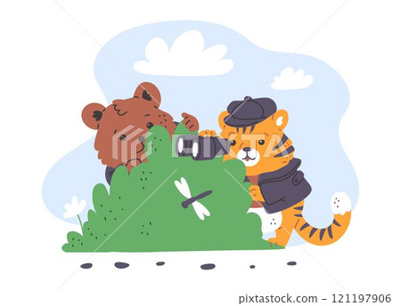 Detectives bear and tiger with looking through binoculars, hide and peek behind the bushes, vector animals spy agents Detectives bear and tiger with looking through binoculars, hide and peek behind the bushes, vector animals spy agents 121197906