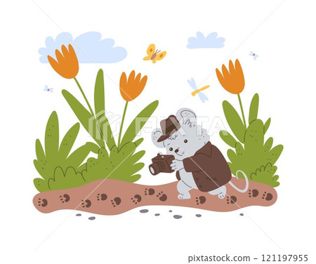 Detective mouse with photo camera search the footprint in nature, vector cartoon rat spy agent in grass investigating Detective mouse with photo camera search the footprint in nature, vector cartoon rat spy agent in grass investigating 121197955