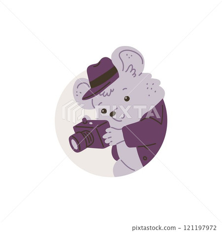 Vector illustration with a mouse detective in a hat with a camera recording evidence. 121197972