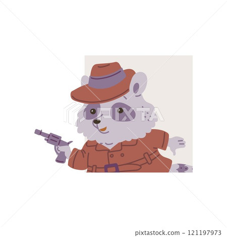 Detective raccoon with revolver, handgun is following the criminal, vector spy agent, cute animal crime investigating 121197973