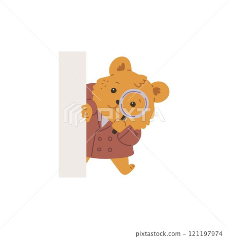 Vector illustration detective bear in a coat with a magnifying glass on a white background. Vector illustration detective bear in a coat with a magnifying glass on a white background. 121197974