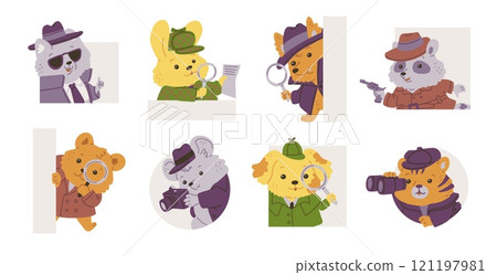 Detectives animals vector set, raccoon with handgun, fox, dog bear with magnifying glass, spy agent crime investigating 121197981