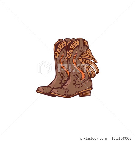 Wild west cowgirl or cowboy decorated boots, vector brown leather shoes vintage style, retro western rancher footwear 121198003
