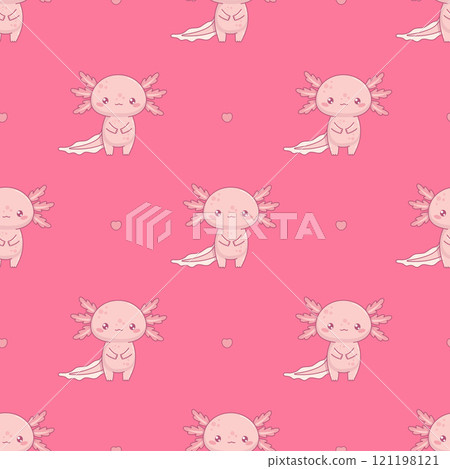 Seamless pattern Romantic cute Axolotl on pink background with heart. Funny Little cartoon kawaii character. Vector illustration. Kids collection Seamless pattern Romantic cute Axolotl on pink background with heart. Funny Little cartoon kawaii character. Vector illustration. Kids collection 121198121