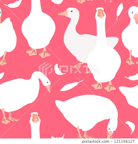 Cute geese seamless pattern. Trendy goose collection on pink background. Vector illustration 121198127