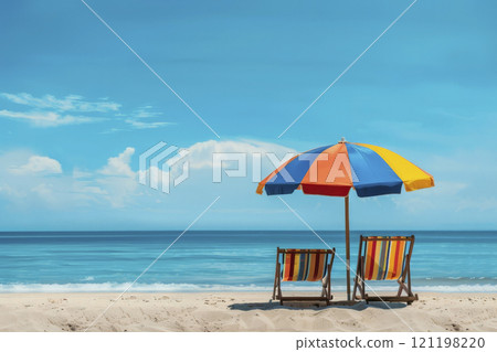 Two sun loungers under an umbrella on the beach. Generative AI 121198220