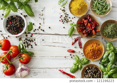 Various spices on the background. Generative AI 121198223