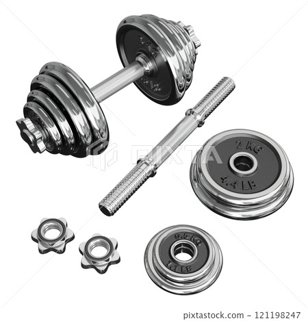 Chrome Adjustable Dumbbell and one taken apart. Rod handle, weight plates, locks 121198247