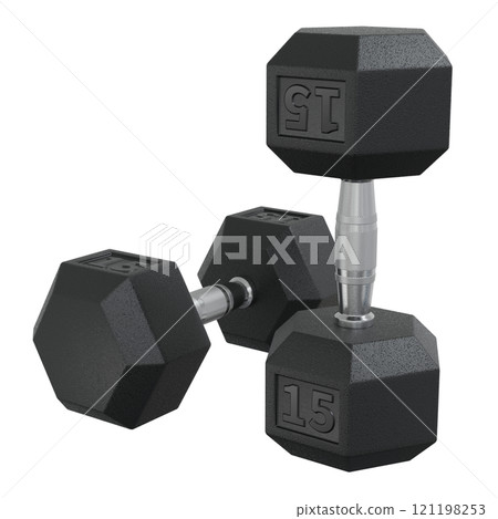 Two Hex Dumbbells with number 15, weightlifting gym equipment 121198253