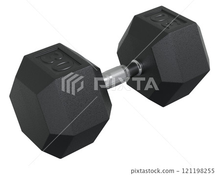 Hex Dumbbell with number 30, weightlifting gym equipment side view Hex Dumbbell with number 30, weightlifting gym equipment side view 121198255