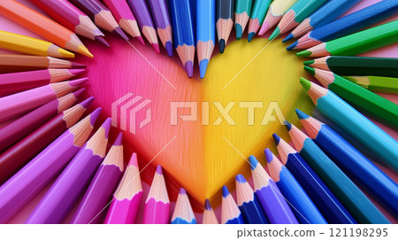 Colored pencils arranged in a heart shape Colored pencils arranged in a heart shape 121198295