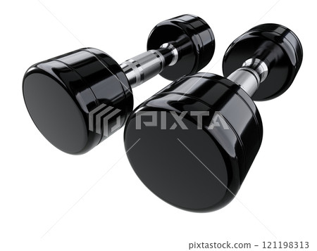 Two blank Round Dumbbells, black weightlifting gym equipment wide angle view 121198313