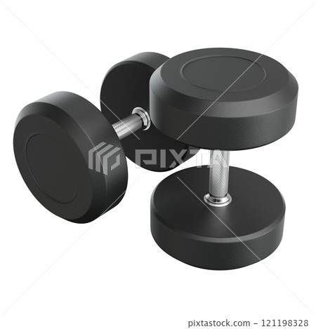 Two Blank Round Rubber Dumbbells, weightlifting gym equipment top view 121198328